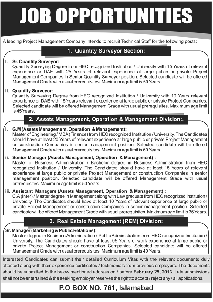 PO Box 761 Islamabad Jobs 2013 for GM, Assets Managers, Marketing Manager & Quantity Surveyors