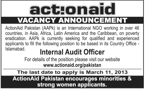 ActionAid Pakistan (AAPk) Job for Internal Audit Officer