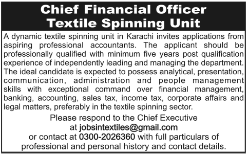 Chief Financial Officer Job in a Textile Spinning Unit