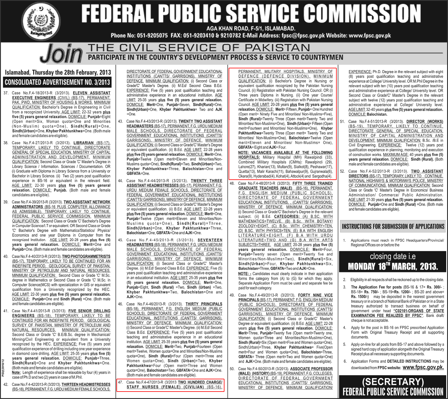 Nursing Jobs by FPSC Charge/Staff Nurse in Combined Military Hospitals Ministry of Defence 03-March-2013 Ad Latest