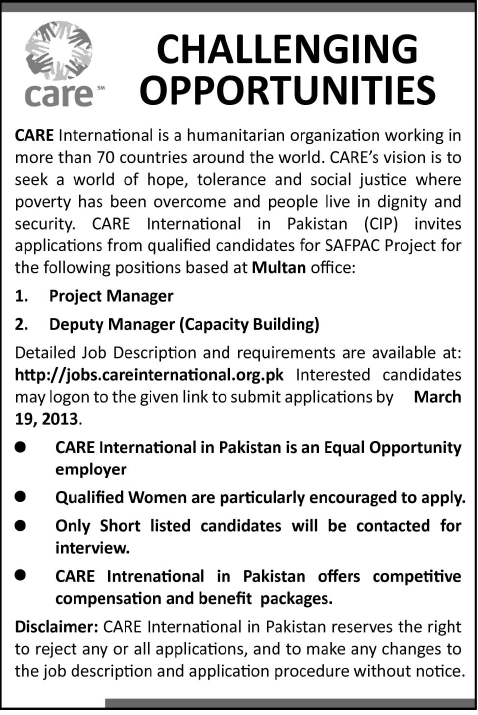 Care International Jobs 2013 for Project Manager & Deputy Manager