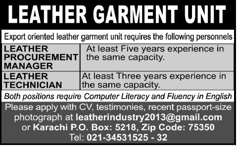 Jobs at PO Box No 5218 Karachi for Leather Procurement Manager & Technician