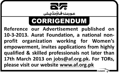 Corrigendum: Aurat Foundation Jobs March 2013