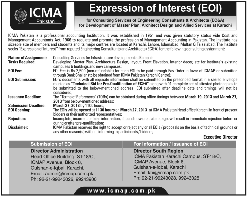 ICMA Pakistan Needs Engineering Consultants & Architects (EC&A)