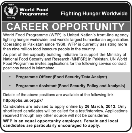 WFP Jobs in Pakistan 2013 Islamabad Latest