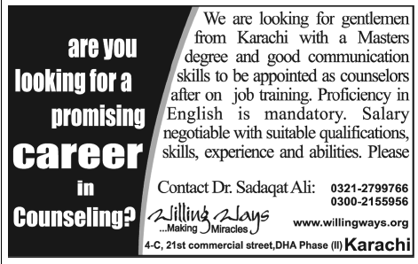 Counselor Jobs for Fresh Graduates in Karachi March 2013 at Willing Ways