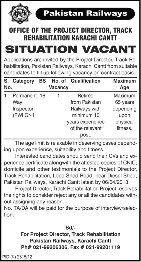 Pakistan Railway Jobs 2013 Karachi for Permanent Way Inspector (PWI)