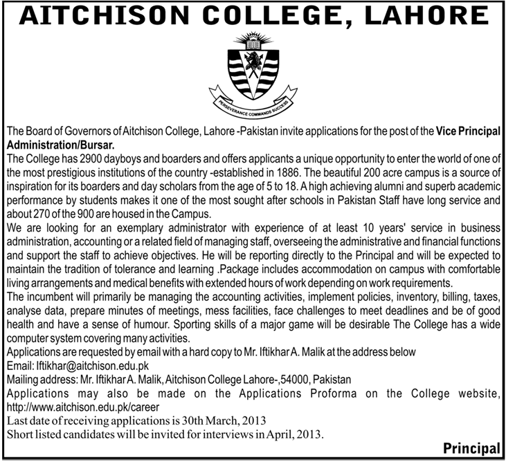 Aitchison College Lahore Job 2013 for Vice Principal Administration / Bursar