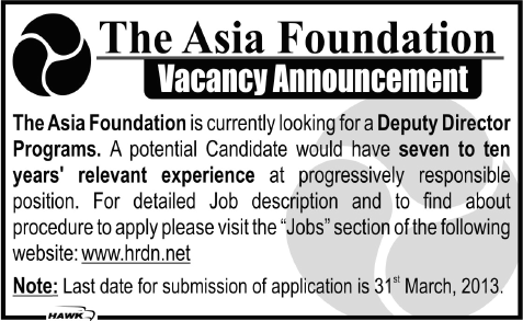 The Asia Foundation Pakistan Job 2013 for Deputy Director Programs