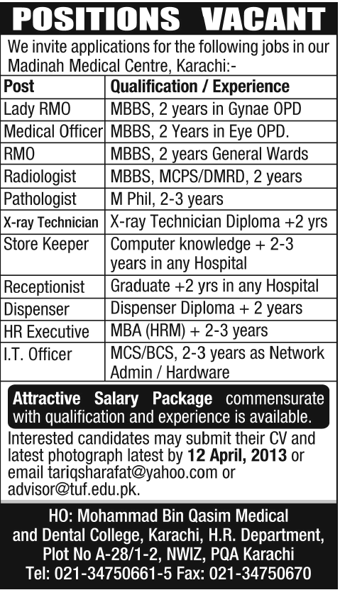 Madinah Medical Centre Karachi Jobs 2013