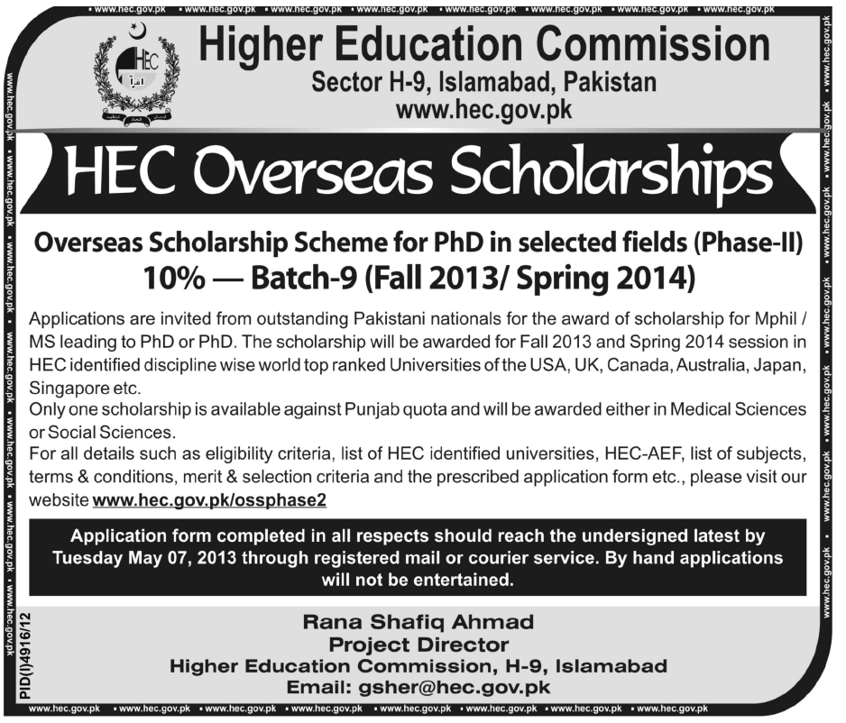 HEC Overseas Scholarships 2013 Advertisement for PhD or M.Phil./MS Leading to PhD & Application Form