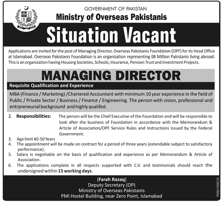 Overseas Pakistanis Foundation Job 2013-May-09 Managing Director (MD) Latest Advertisement