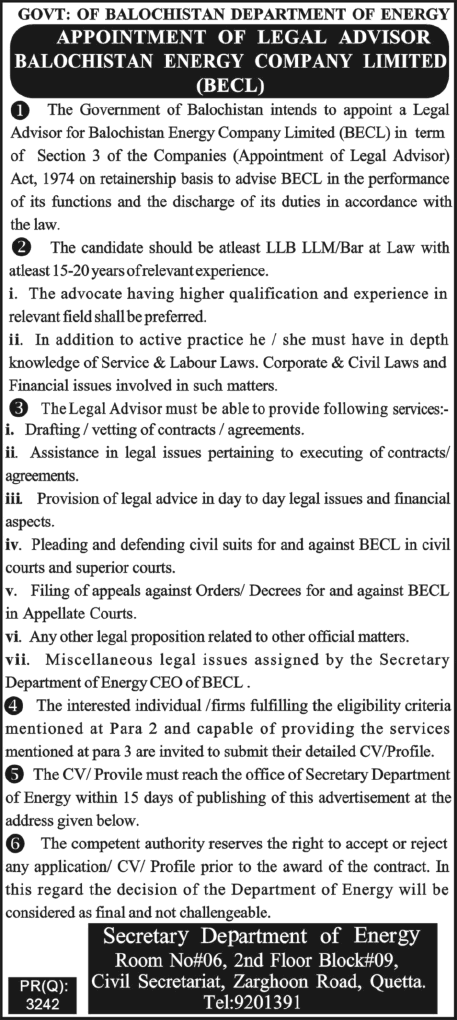 Balochistan Energy Company Limited (BECL) Jobs 2013 May for Legal Advisor