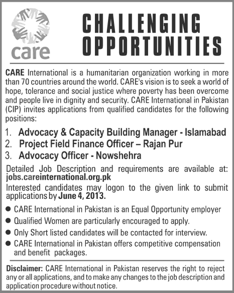 Care International Pakistan Jobs 2013 May Latest Advertisement for Manager & Officers