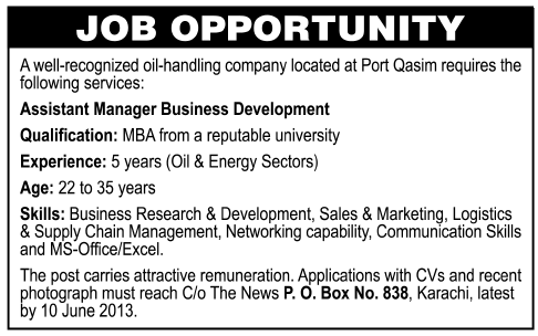 Business Development Manager Jobs in Karachi 2013 at an Oil Handling Company at Port Qasim