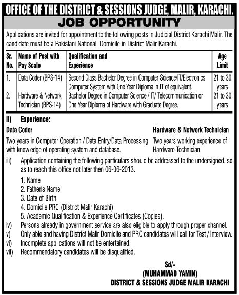 District and Session Court Karachi Malir Jobs 2013 for Data Coder and Hardware & Network Technician
