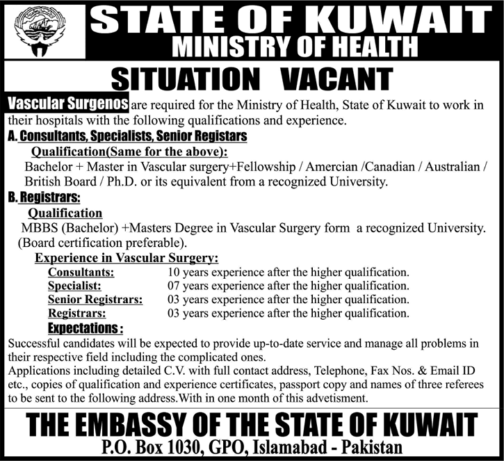 Ministry of Health Kuwait Jobs for Doctors / Vascular Surgeons 2013 June Latest Advertisement by Embassy