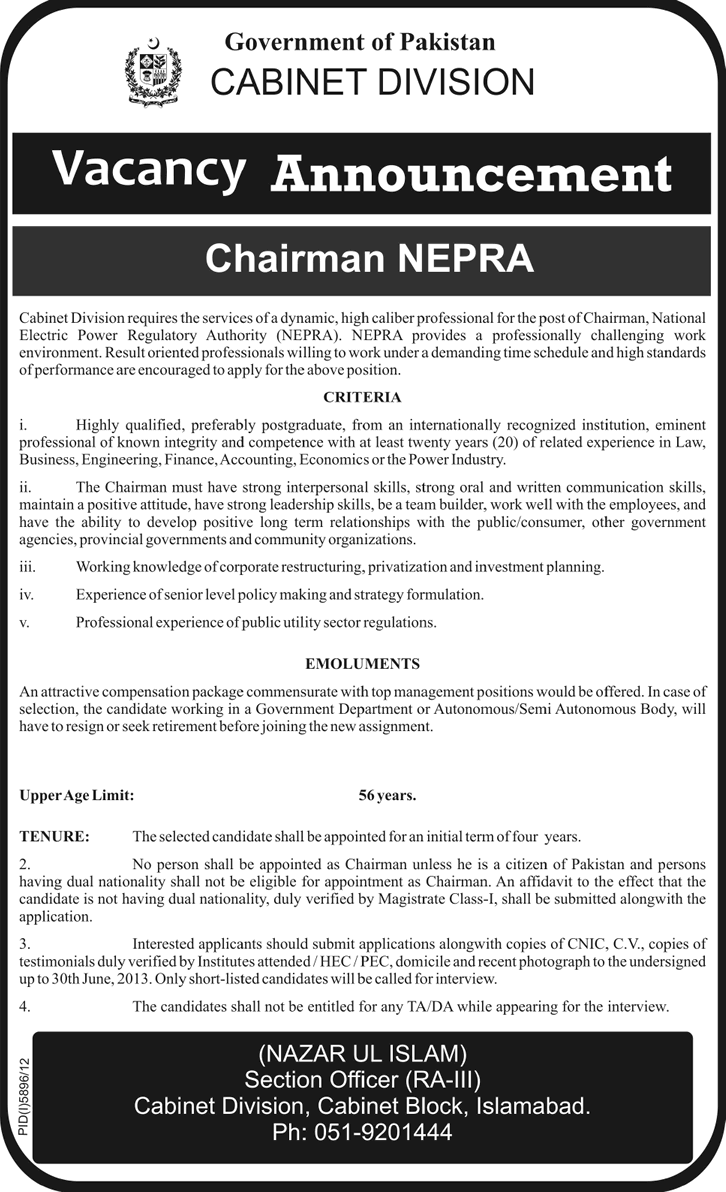Vacancy for Chairman NEPRA June 2013