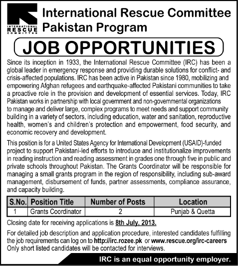 IRC Pakistan Jobs 2013 July International Rescue Committee Grants Coordinators in Lahore & Quetta