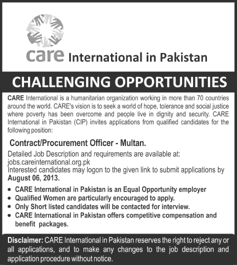 Care International Jobs in Pakistan 2013 July / August for Contract / Procurement Officer