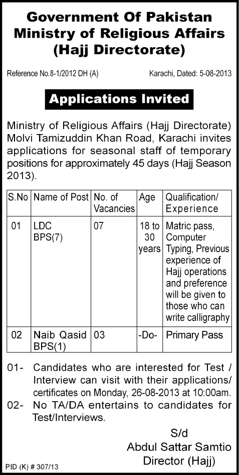 Ministry of Religious Affairs Jobs 2013 August Clerk & Naib Qasid at Hajj Directorate Karachi for Hajj Season 2013