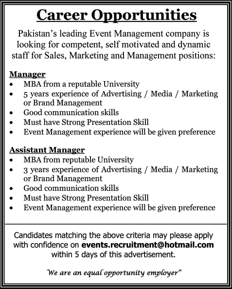 Event Management Company Jobs in Pakistan 2013 August for Managers & Assistant Managers
