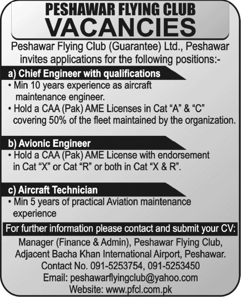 Peshawar Flying Club Jobs 2013 September / August Chief Engineer, Avionics Engineer & Aircraft Technician