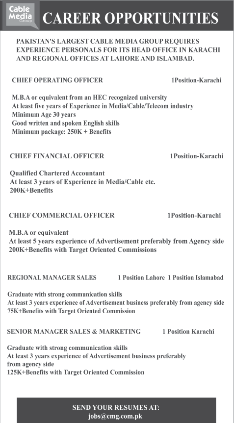 Cable Media Group Jobs 2013 September for Chief Operating / Financial / Commercial Officers & Sales Managers