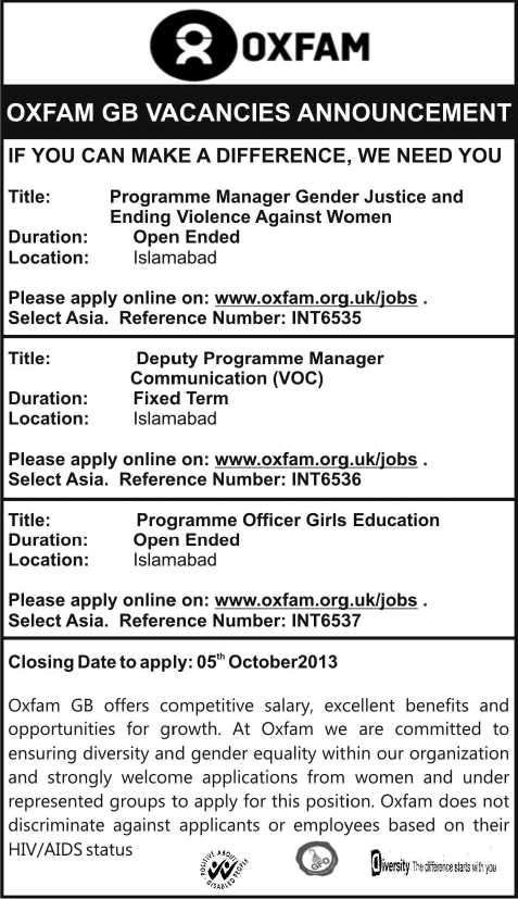 Oxfam GB Jobs 2013 September for Programme Managers / Officer