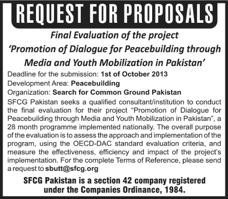 Search for Common Grounds (SFCG) Pakistan Jobs 2013 September for Consultant for Final Evaluation of Project