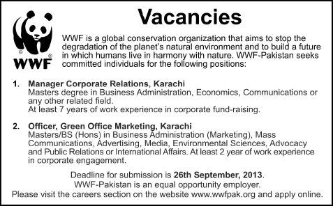 World Wildlife Fund (WWF) Pakistan Jobs 2013 September for Manager Corporate Relations & Marketing Officer