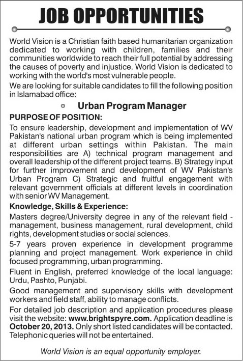 World Vision Pakistan Jobs in Islamabad 2013 October for Urban Program Manager