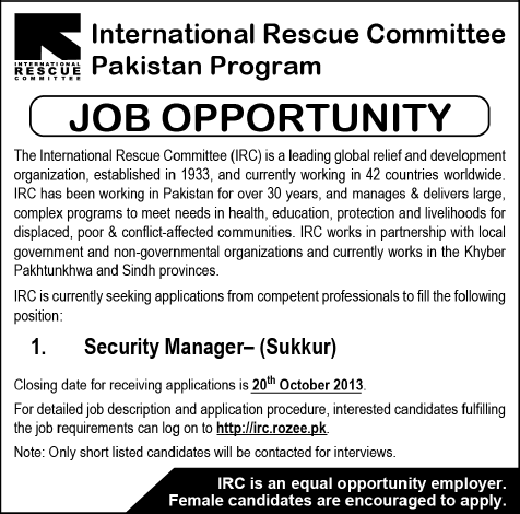 Security Manager Jobs in Sukkur Sindh 2013 October at International Rescue Committee Pakistan