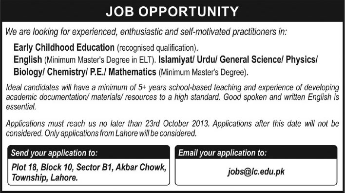 Leadership College Lahore Jobs 2013 October Teachers / Lecturers at LCN