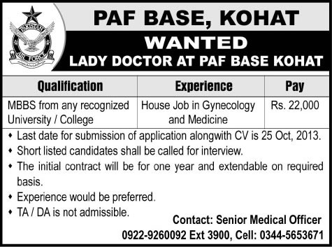 Lady Doctor Jobs at PAF Base Kohat 2013 October Latest Female Medical Officer