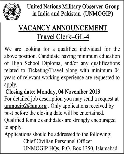 UNMOGIP Jobs Pakistan 2013 October for Travel Clerk
