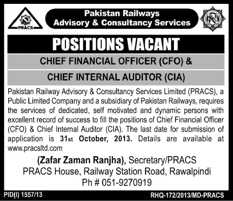 Pakistan Railways Advisory & Consultancy Services (PRACS) Jobs 2013 Chief Financial Officer & Chief Internal Auditor