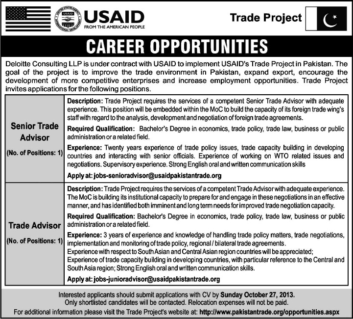 USAID Pakistan Trade Project Jobs 2013 October Latest for Trade Advisors