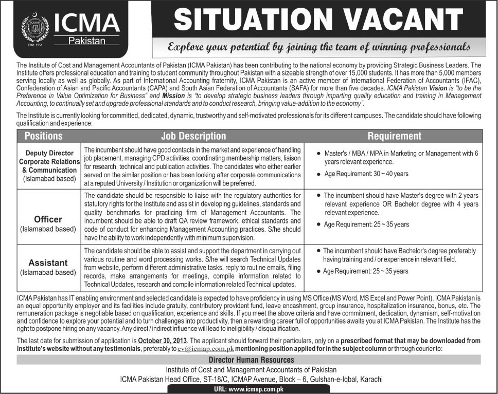 ICMAP Islamabad Jobs 2013 October ICMA Pakistan Latest