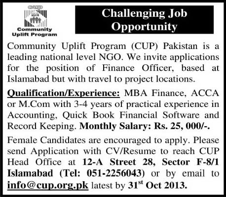 Finance Officer Jobs in Islamabad 2013 October at Community Uplift Program (CUP) Pakistan