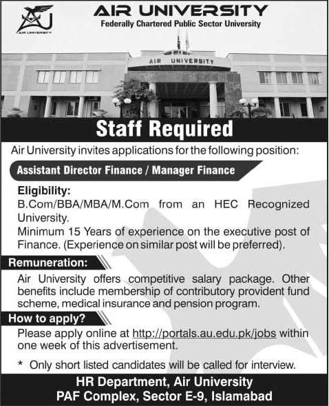 Air University Islamabad Jobs 2013 November for Assistant Director Finance / Manager Finance