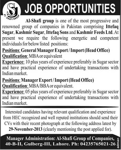 Import / Export Manager Jobs in Lahore 2013 November at Al-Shafi Group Latest