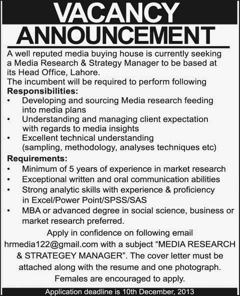 Media Research & Strategy Manager Jobs in Lahore 2013 December for a Media House