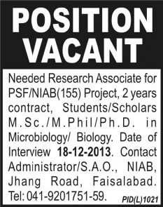 Research Associate Job in Pakistan Science Foundation - NIAB Project Faisalabad  2013 December