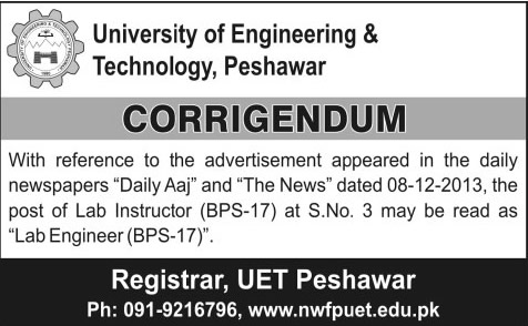 Corrigendum UET Peshawar Jobs 2013 December for Assistant Professor, Lecturer & Lab Engineer