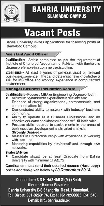 Bahria University Islamabad Jobs 2013 December Audit Officer, Student Advisor & Manager Business Incubation Centre