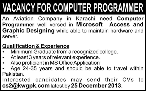 Computer Programmer Jobs in Karachi 2013 December at an Aviation Company