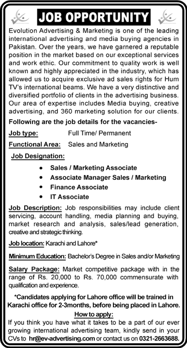 Sales & Marketing, Finance / IT Associates Jobs in Lahore / Karachi 2013 December at Evolution Advertising & Marketing