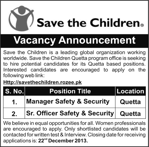 Save The Children Pakistan Jobs 2013 December for Manager / Senior Officer Safety & Security
