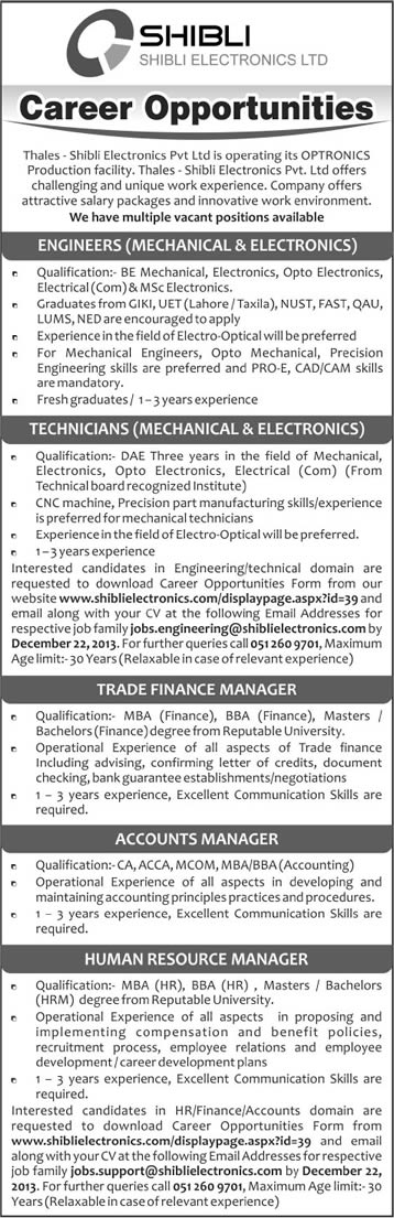 Engineers, Technicians, Finance / Accounts & HR Manager Jobs at Shibli Electronics Ltd Islamabad 2013 December